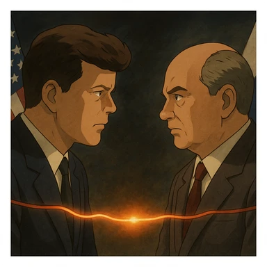realistic illustration of John F. Kennedy and Mikhail Gorbachev facing each other, a glowing hot wire connecting them, US and Russian flags, tense Cold War atmosphere sticker