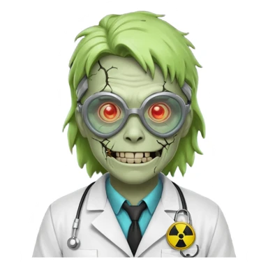 radioactive zombie scientist portrait, head and shoulders only, glowing toxic veins, cracked goggles, lab coat with radiation badge, sinister smile, 3D cartoon, mobile game icon style, clean background, no text, no watermark
 sticker