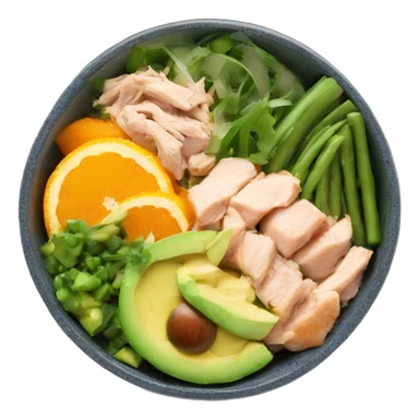 Poke bowl with chicken, avocados, oranges, cucumbers and green beans; side view sticker