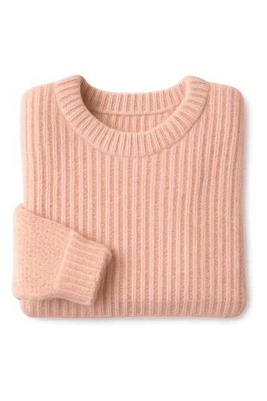 pink cozy knitted sweater folded neatly, soft texture sticker