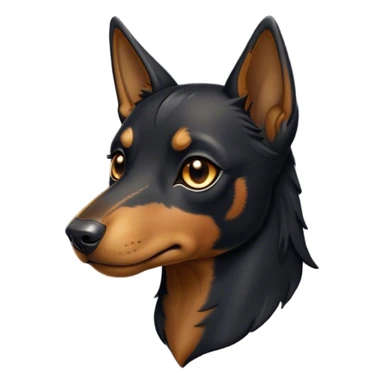 Cinematic Noble Black and Tan Kelpie Portrait Emoji, Poised and regal, with a strong, agile build and a glossy, well-groomed Fur of deep black and tan accents, piercing dark eyes, Simplified yet sharp and sophisticated features, highly detailed, glowing with a soft, dignified glow, high shine, intelligent and energetic, stylized with an air of determination, focused and attentive, soft glowing outline, capturing the essence of a watchful and confident herder, so majestic it feels as though it could bound out of the screen with effortless authority! sticker