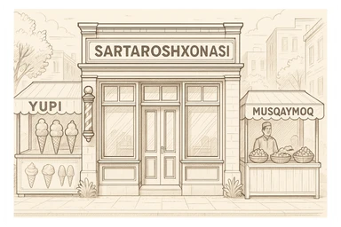 brohouse sartarosh xonasini chizib ber tashqaridan va uning yonida yupi va musqaymoq sotadigan lavkalar bulsin sticker