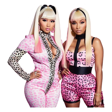 Nicki Minaj in pink and white leopard print outfit with bangs and split-dyed hair blonde on left side pink on right side sticker