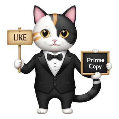 A cat in a black business suit holds a sign with the inscription "PrimeCopy" with one paw and shows a like with the other paw sticker