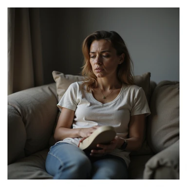 realistic 4K woman sitting on sofa holding insole, looking at foot with dissatisfied expression, natural light sticker