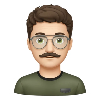 Light brunette wavy haired young man with pale skin and metal aviator glasses. Eyes are greenish grey and he has a moustache. Black t-shirt. sticker