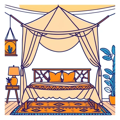 cozy boho bedroom with canopy bed, macramé wall hangings, and warm lighting sticker