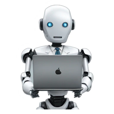 robot in a suit with head tilted using a laptop sticker