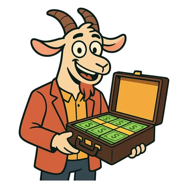 smiling goat holding a briefcase of cash, flat modern style, bright saturated colors golds greens reds, minimal but expressive, universal look sticker