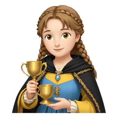 Helga Hufflepuff, light blue eyes, brown-haired, two braids, yellow-black medieval dress, black cloak decorated with gold braiding, tiny gold cup with two handles, very kind smile, half-turned in profile, curvy busty sweet woman, macromastia, thick round rosy cheeks, full length with medieval shoes sticker