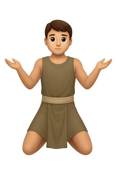 Remake this emoji in apple emoji style with brown hair and no silver handbands, fullbody apostle kneeling pose, variation 3. Keep the apple emoji style look and feel. sticker