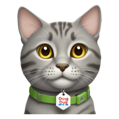 Grey tabby cat with a name tag that says DOUG sticker