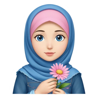 Turkish beautiful finish Konya girl blue eyes with denim hijab islamic dress and had on her hand pink daisy sticker