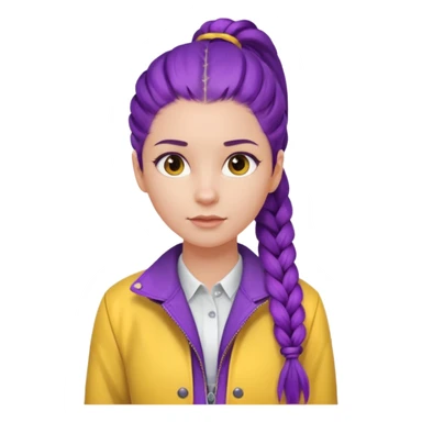 a beautiful girl face, long purple high pony single braided hair from the forehead, wearing a white shirt and a yellow jacket sticker