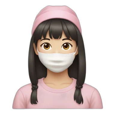 young korean girl with straight bangs and beige face mask and black headband and pink crewneck sweatshirt sticker