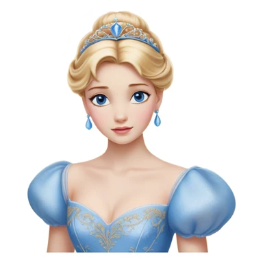 Cinematic Realistic Cinderella Portrait, depicted with lifelike skin texture, subtle rosy undertones, and soft natural lighting that enhances the gentle contours of her face. Her intricately detailed golden blonde hair is elegantly styled in an updo, with delicate wisps framing her face for added realism. Her deep, expressive blue eyes radiate warmth and sincerity, reflecting a quiet resilience and grace. She is dressed in her iconic ball gown, the fabric shimmering with intricate embroidery and fine translucent layers that catch the light beautifully. The soft sheen of satin gloves and the delicate sparkle of a glass-like slipper peeking from beneath her dress add a touch of magical realism. The portrait features an enchanting glow with a natural, luminous finish, seamlessly blending realism and fairytale charm to evoke a sense of depth, elegance, and timeless beauty. sticker