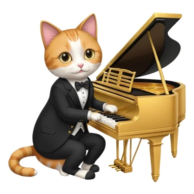 calico cat play gold piano, wear black suit, portrait sticker