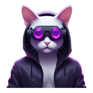 Russian cat wearing a black hoodie with "OMG" letters on it and VR headset in a cyberpunk VR environment with violet neon lighting. sticker
