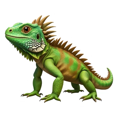 cinematic-iguana-realistic-full-body-basking-emoji,-long-scaly-body-stretched-out,-spiny-ridge-running-down-its-back,-textured-green-and-brown-skin-dappled-with-light,-sharp-intelligent-eyes-studying-the-surroundings sticker