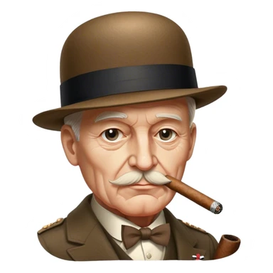 Cinematic Realistic Winston Churchill Portrait Emoji, depicted as a resolute British statesman with a signature bowler hat and a cigar, exuding determined leadership and wartime valor, rendered with lifelike textures and dramatic vintage lighting that captures his iconic British spirit. sticker
