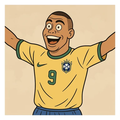 cartoon illustration of Ronaldo Fenômeno, celebrating a goal, arms outstretched, Brazil jersey sticker