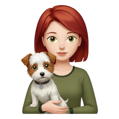 Westie dog being held by woman with dark shoulder length red hair and hazel eye wearing olive green top sticker