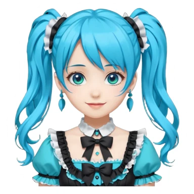 anime-style female character with bright turquoise hair styled in twin tails and matching blue eyes. Her outfit is a frilly turquoise and black dress in a Lolita-esque style, heavily contrasted with black ribbons and trim. A key detail is the"AWP" logo printed in black on the chest. happy variant sticker