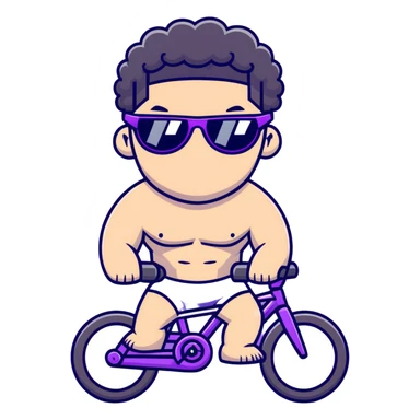 shirtless male athlete with white skin and moderately curly black hair on top with shaved sides, wearing purple bike sunglasses with black tinted lenses sticker