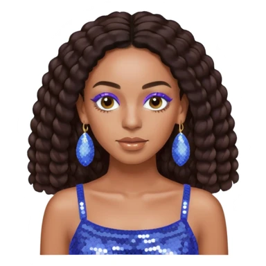 Solange with dark brown long hair, periwinkle sequin crop top, periwinkle earring sticker