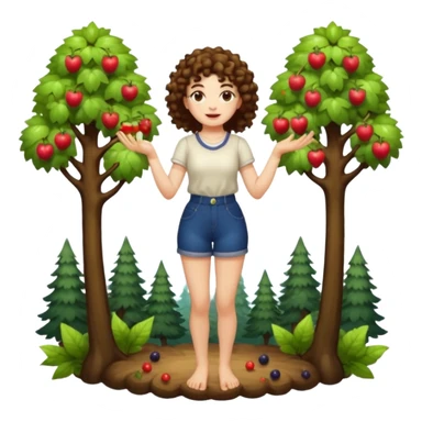 full body woman short curly brown mullet hair brown eyes white skin juggling glowing forest fruits sticker