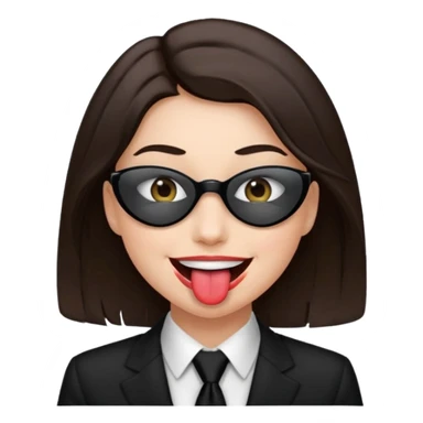 woman with dark brown hair wearing black tie over eyes with tongue out sticker