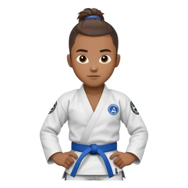 black jiu jitsu instructor with ponytail and a low taper fade sides haircut, and a small fade on the sides with a blue belt and roger Gracie academy logo on the gi sticker