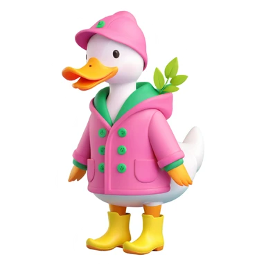 A duck wearing a pink hooded coat with green buttons and a green leaf on the chest, and yellow boots. The background is plain and light pink with pink hearts sticker