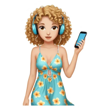 a woman with curly hair, wearing earphones, wearing a sexy beach dress sticker