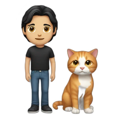 white man with shoulder length black hair holding a ginger cat sticker