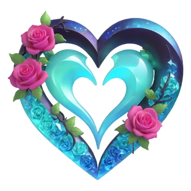 gothic heart made of aurora glass, silver crescent moon, gradient roses, holographic stardust, neon teal lightning, drenched and splintered glass sticker