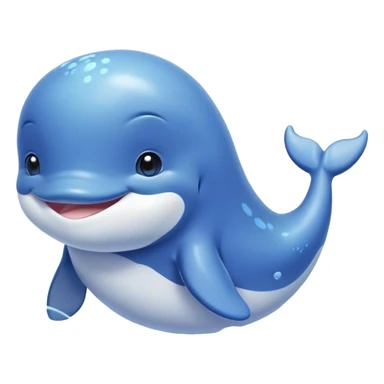 Cinematic happy baby whale, chubby rounded body, tiny smiling face, soft pastel blue hues, gentle glowing waves around, joyful and soothing. sticker