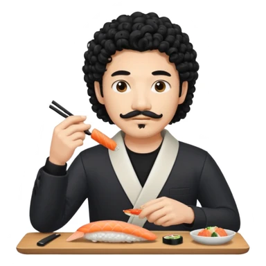 un coreano che taglia sushi con i baffetti capelli ricci e lunghi  neri con un IQOS in mano  sticker