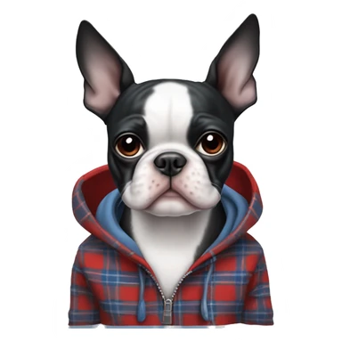 Boston terrier in a blue white red plaid hoodie ￼ sticker