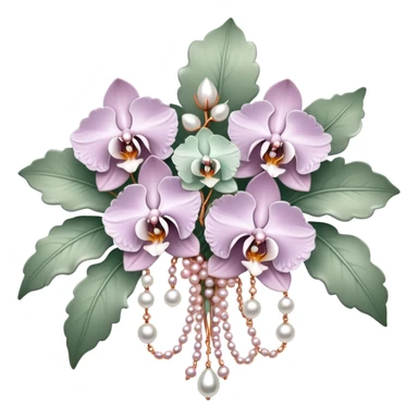 sage green and rose gold and pastel lilac and white embellished pearl baroque orchid flower bouquet sticker