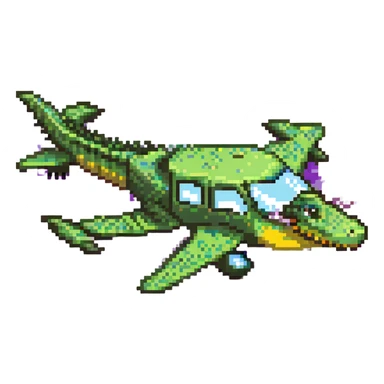 cartoon crocodile-airplane hybrid, side view, green and yellow colors sticker