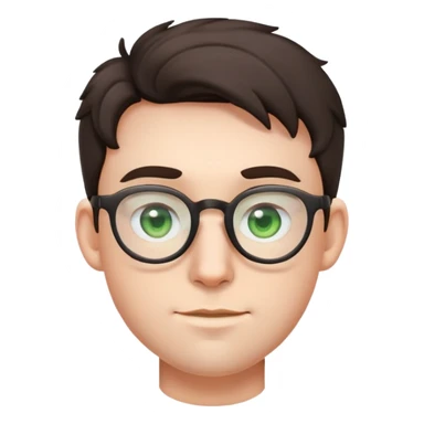 young male emoji with youthful face, poofier slightly curly dark hair, big ears, pale skin, glasses, green eyes set wider apart, very light stubble sticker