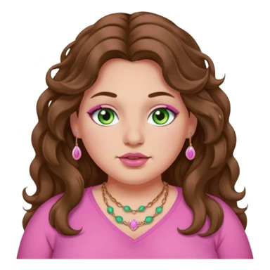 Brown wavy long hair, light green eyes, nose ring, plus size, pink girly sticker