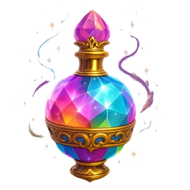 very luxurious crystal colorful chewing gum style elixir bottle, bright colors, lots of glow, edges, ornaments, golden details, magical effects, very small golden neck, transparent background, beautiful connected bottom, clearly floating in air, no base or shadow, premium class, playful, matching the collection sticker