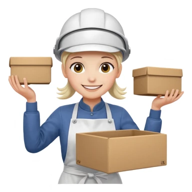 Tengo que dar una capacitacion de orgonomia, necesito un emoji de un operario con casco blanco y delantal blanco de manga larga que levante una caja cerrada con las dos manos a la altura de los hombros sticker