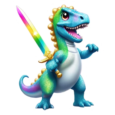 Lisa frank glitter rainbow cute dinosaur with sword and pearls sticker