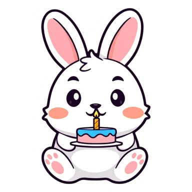 rabbit blowing out birthday cake candles, cartoonish sticker style sticker