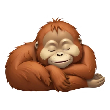 Meme-Worthy cute Sleeping Orangutan Portrait Emoji, Head resting peacefully with a contented smile, showcasing luxuriously soft fur and eyes gently closed in serene slumber, Simplified yet comically adorable features, highly detailed, glowing with a soft, drowsy jungle light, high shine, relaxed and utterly lovable, stylized with an air of playful laziness, bright and heartwarming, soft glowing outline, capturing the essence of a sleeping orangutan that feels destined to become the next viral icon of adorable rest! sticker