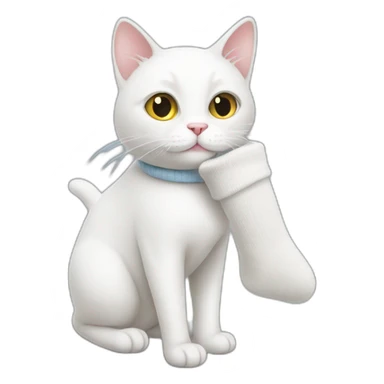 White cat carrying a sock on his mouth sticker
