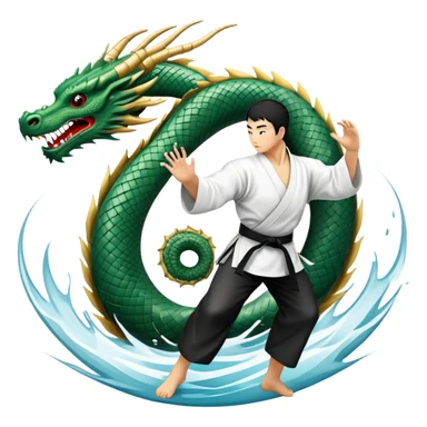 An icon symbolizing Eastern martial arts in the style of an emblem, featuring a black-and-white Yin-Yang symbol and a dragon at the center. A martial artist is performing a fluid kick, surrounded by elements like a dojo and bamboo. Transparent background highlights balance and power. sticker